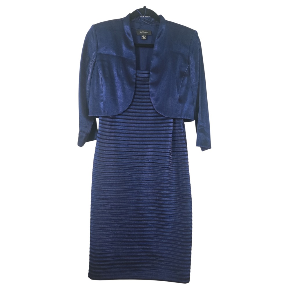 R&M RichardsSapphire Blue Pleated Sheath Holiday Dress with Bolero Jacket Size 8